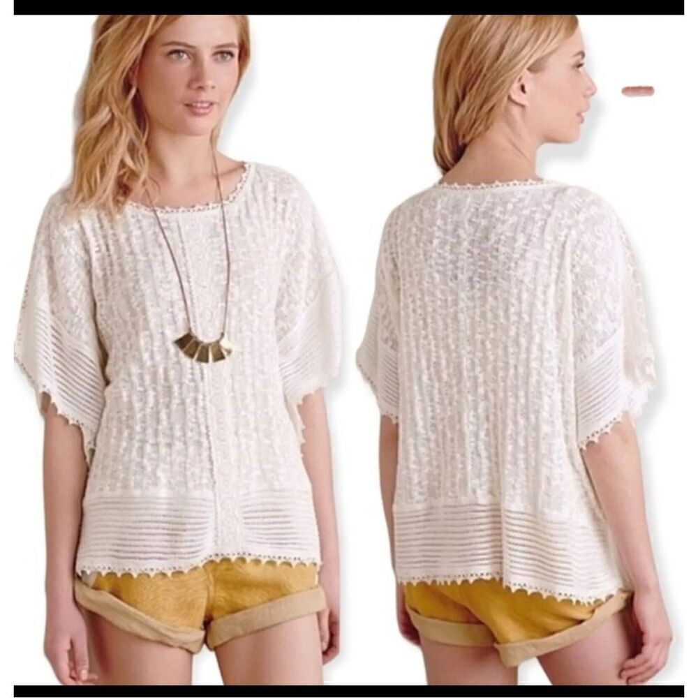 Meadow Rue Anthropologie Lace Crochet Poncho Top Tunic Boho XS/Small Ivory